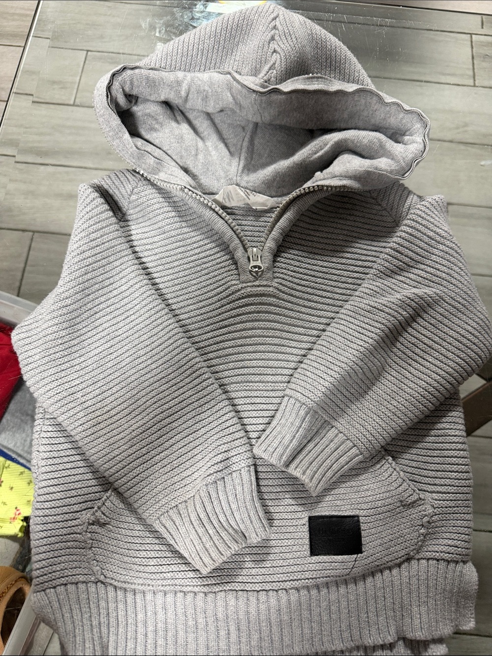 H&M Light Gray Ribbed Half-Zip Hooded Sweater